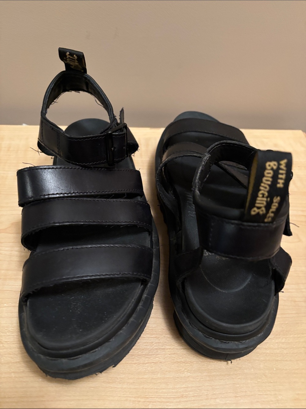 Dr. Martens - Women’s Black Leather Triple-Strap Sandals with Bouncing Soles